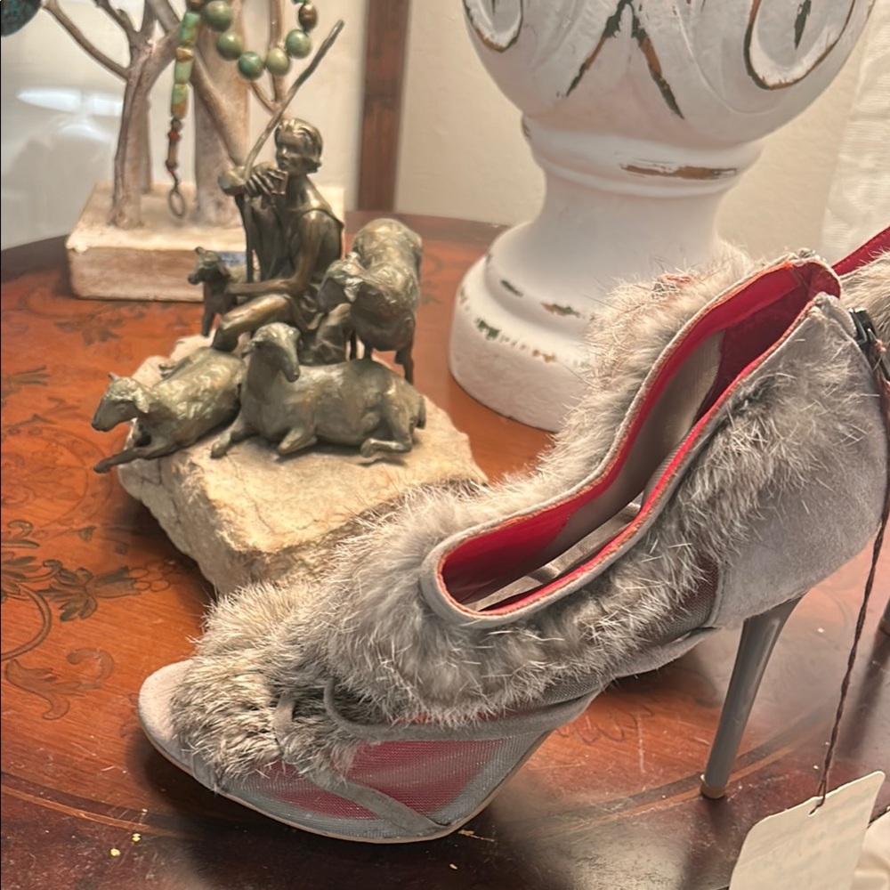 Charles Jourdan Red and Gray Fur Heels